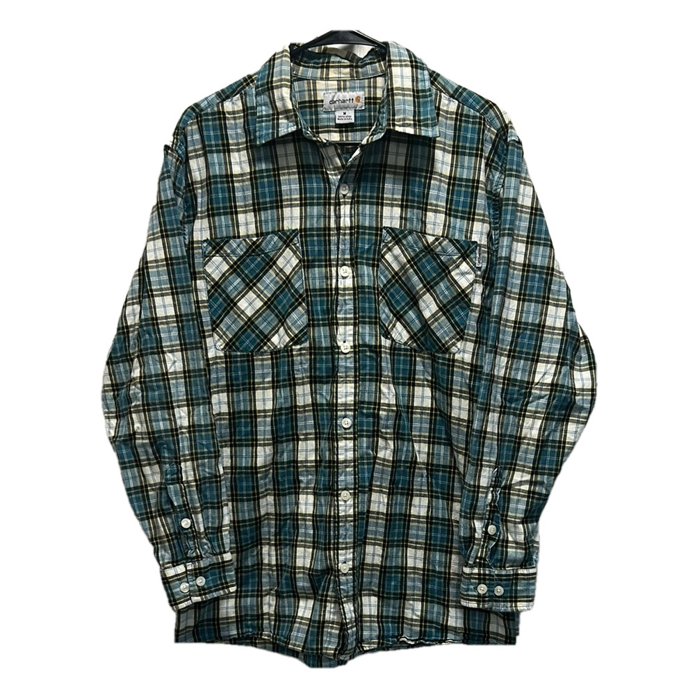 Carhartt Men's Plaid Blue, White and Yellow Button-Up Long Sleeve Shirt - Medium